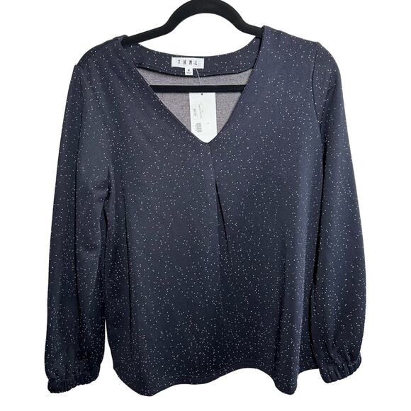 NEW THML Navy White Dotted Long Sleeve Top Size Medium V Neck Winter - Picture 1 of 9